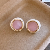 甜美粉色猫眼石滴油圆形耳钉轻奢高级感耳环小众设计感耳饰女