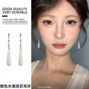 珍珠水滴耳环长款耳坠耳夹高级感旗袍配饰新中式国风耳饰女