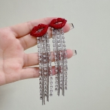 欧美烈焰红唇夸张银针性感耳钉气质镶钻圆脸显瘦长款流苏耳坠