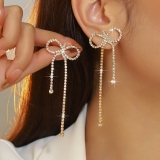 新款时尚长款超闪满钻蝴蝶结耳钉晚宴礼服百搭蝴蝶结流苏耳饰耳钉
