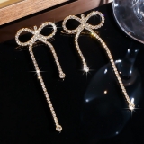 新款时尚长款超闪满钻蝴蝶结耳钉晚宴礼服百搭蝴蝶结流苏耳饰耳钉