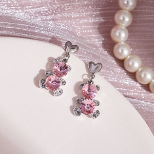 韩国粉色小熊爱心耳钉设计感卡通猫镶钻耳环网红可爱风耳饰