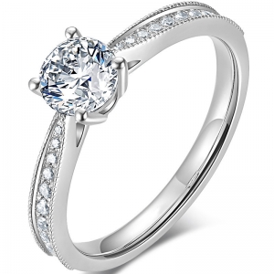 微镶简约经典四爪莫桑钻石戒指女1克拉仿真铂金钻戒订婚求婚戒指