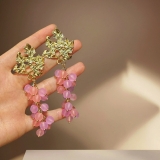 水晶葡萄耳坠 复古金属枫叶耳钉油画风重工艺术感耳环