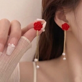 红色山茶花流苏耳环女时尚小众气质高级轻奢爆款耳钉耳饰品