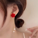红色山茶花流苏耳环女时尚小众气质高级轻奢爆款耳钉耳饰品