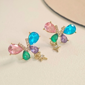 彩色水钻蝴蝶芒星耳环小清新气质耳钉精致高级感耳饰