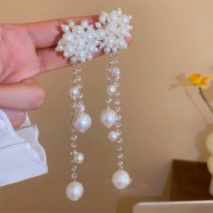 精致高级编织珍珠花流苏水晶链条长款耳钉气质时尚显脸小优雅耳饰