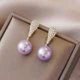 正圆紫色珍珠耳钉长款耳环女豪华气质小众高级感耳饰