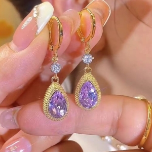 气质精致时尚百搭紫色水晶榴莲耳环女个性设计感耳扣小众水滴耳饰