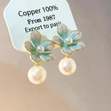 日韩甜美滴油花朵珍珠耳环可爱气质耳坠珐琅粉蓝花瓣耳饰