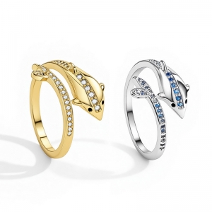 跨境直供欧美时尚百搭优雅蓝色海豚开口戒指镶钻锆石可调节指环女