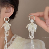法式时尚镶钻花朵流苏耳环气质高级感甜美珍珠长款耳坠小众百搭