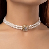 外贸跨境欧美高级感双层仿珍珠项链气质镶钻几何女士首饰饰品批发