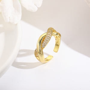 时尚小众设计感轻奢个性波浪纹开口戒指女铜镶锆石缠绕可调节指环