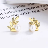 高级感小众珍珠树枝叶子耳钉女法式轻奢气质百搭耳环复古冷淡耳饰