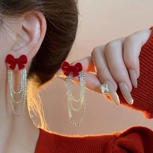 新款蝴蝶结流苏吊坠耳钉 气质时尚高级感百搭耳环 小众耳饰