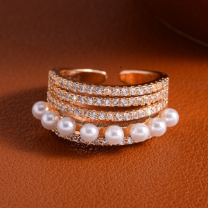 跨境SHEIN爆款法式满钻珍珠开口戒指女可调节高级感指环手饰珠宝