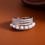 跨境SHEIN爆款法式满钻珍珠开口戒指女可调节高级感指环手饰珠宝