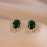 跨境新款复古高级感微镶椭圆祖母绿锆石项链耳饰饰品女锁骨链耳钉