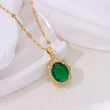 跨境新款复古高级感微镶椭圆祖母绿锆石项链耳饰饰品女锁骨链耳钉