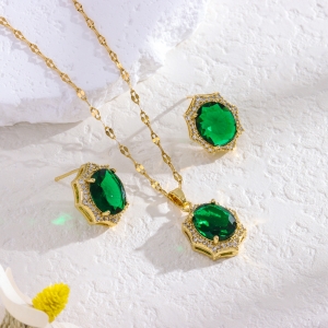 跨境新款复古高级感微镶椭圆祖母绿锆石项链耳饰饰品女锁骨链耳钉