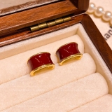 复古港风滴釉咖色红色耳钉女精致高级感耳环轻奢百搭几何简约耳饰