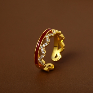 秋冬金色锆石红色波浪开口戒指女复古轻奢高级感食指戒小众配饰品