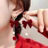 蝴蝶结红色爱心流苏植绒喜庆耳饰高级设计轻奢气质款复古耳钉耳环