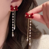 2025新款新年款红色植绒蝴蝶结耳环女气质长款流苏高级感大气耳饰