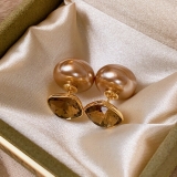 美拉德小香风前后戴双面香槟方钻珍珠多色耳环新款高级感耳钉女耳饰品