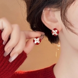 韩国个性红色滴油耳钉气质优雅名媛风耳环锆石四叶草百搭耳饰