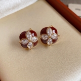韩国个性红色滴油耳钉气质优雅名媛风耳环锆石四叶草百搭耳饰
