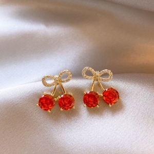 红色水钻蝴蝶结樱桃耳钉女轻奢高级感气质大气耳饰品独特漂亮耳环