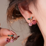 个性镶钻樱桃吊坠耳环甜美小清新简约耳钉百搭时尚高级感耳饰批发