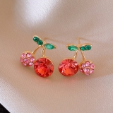 个性镶钻樱桃吊坠耳环甜美小清新简约耳钉百搭时尚高级感耳饰批发