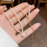 法式网红气质项链金属圆环马贝珠吊坠锁骨链小众设计感颈链配饰