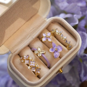 法式轻奢高级感紫色超仙气质花朵滴油精致锆石蝴蝶奢侈开口戒指环